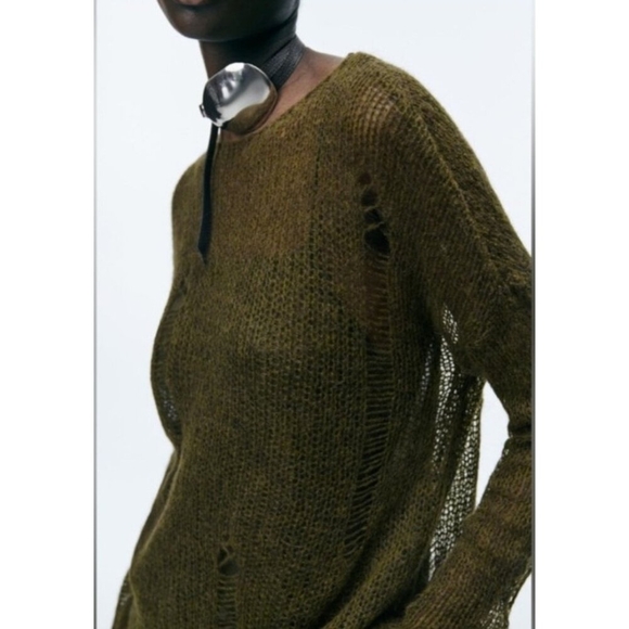 ZARA Distressed Knit Sweater Women’s Sze L Olive GreenLoose Open Weave Wool Boho - Picture 6 of 15